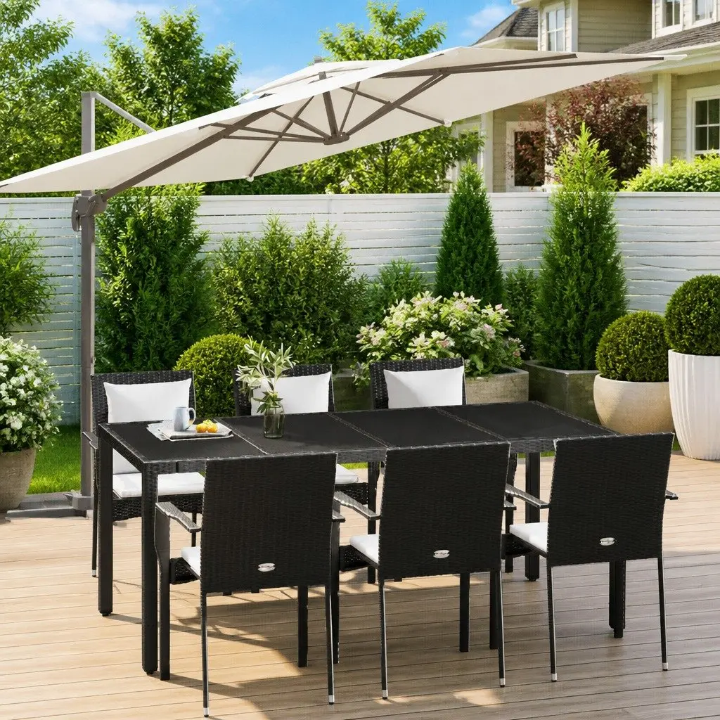 Outdoor Dining Set 7 Piece Black Poly Rattan with Acacia Wood Table and Cushions