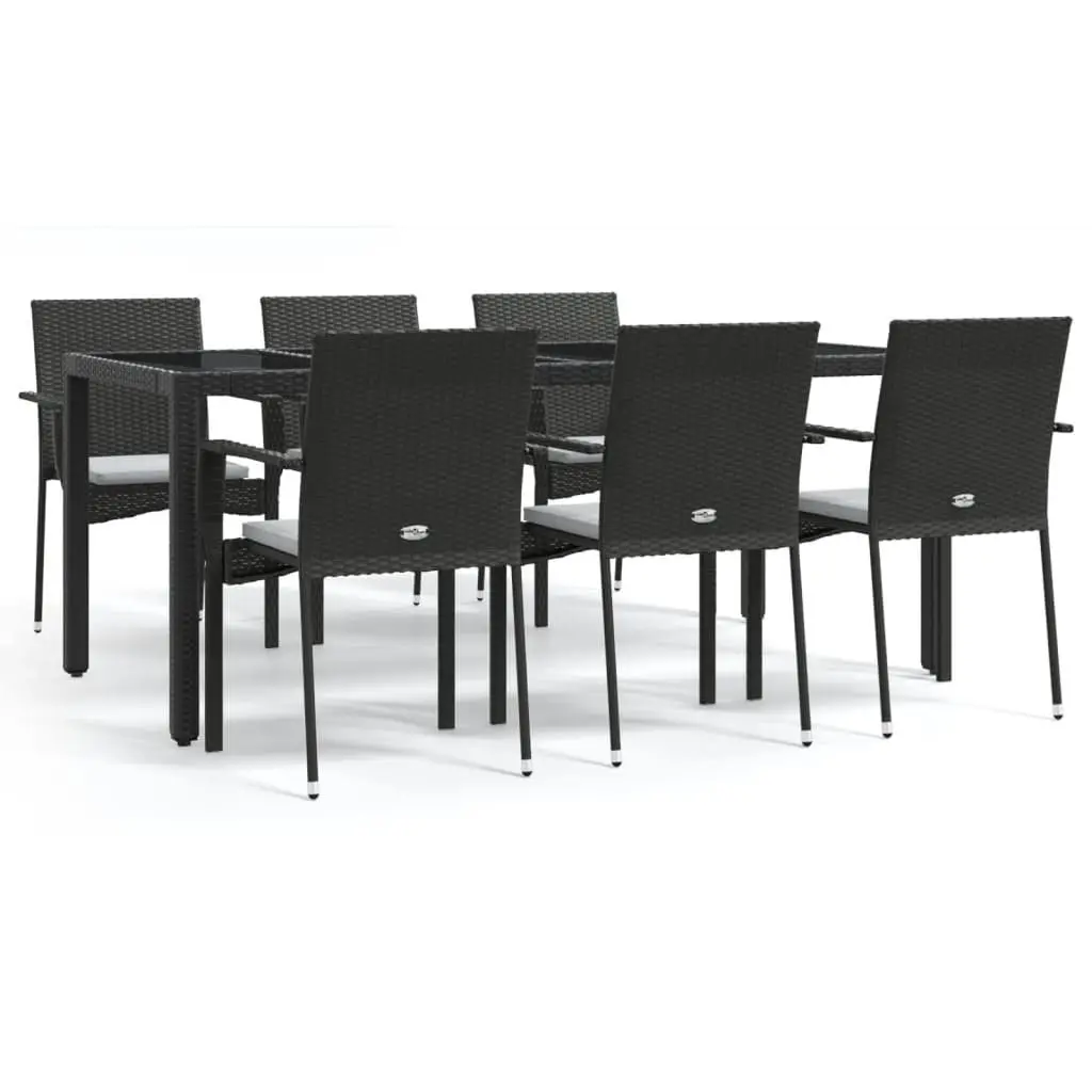 Outdoor Dining Set 7 Piece Black Poly Rattan with Acacia Wood Table and Cushions