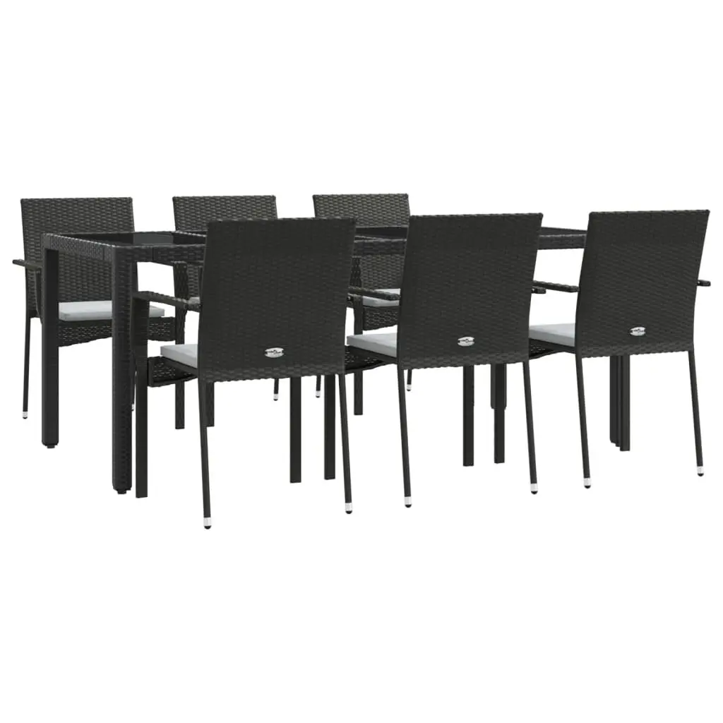 Outdoor Dining Set 7 Piece Black Poly Rattan with Acacia Wood Table and Cushions