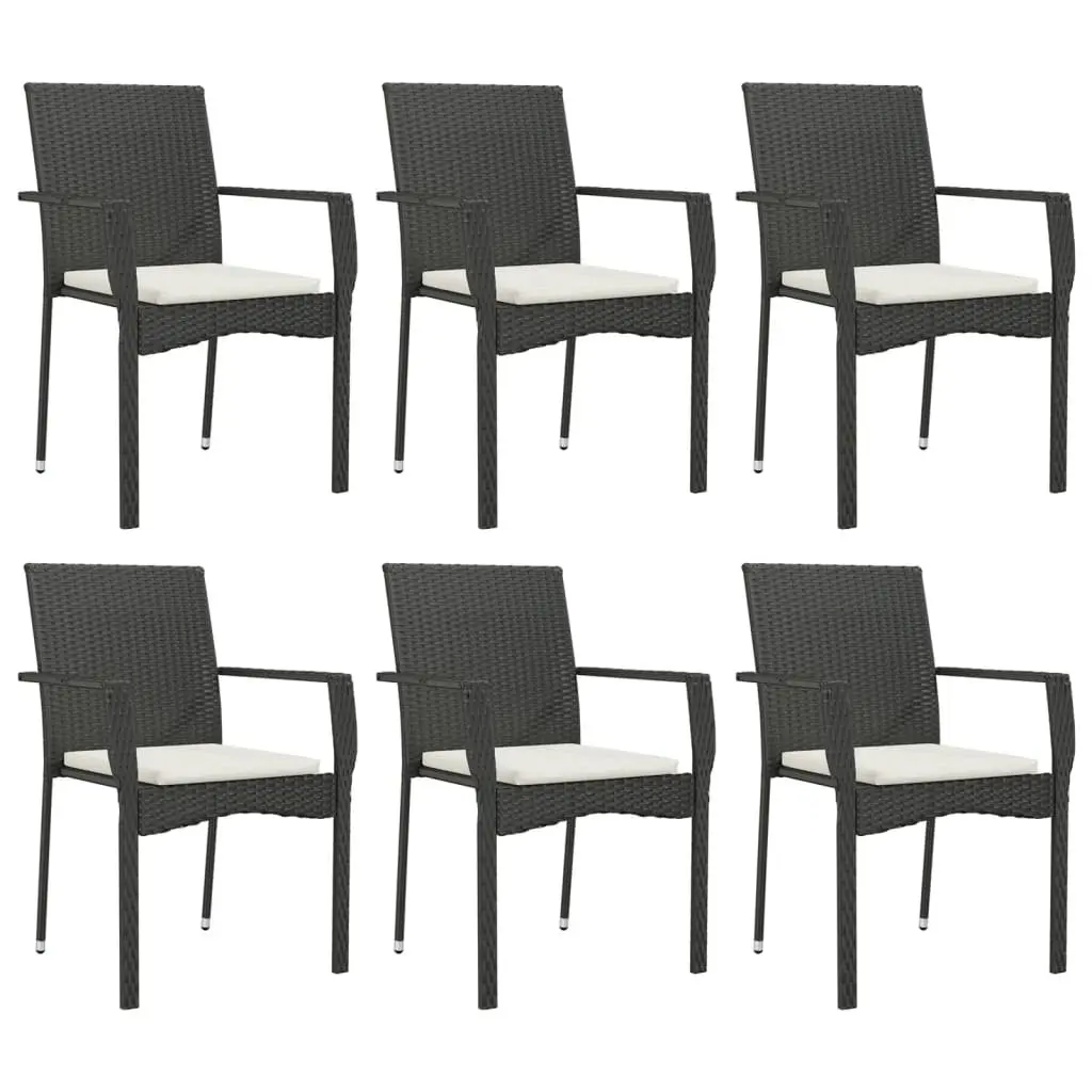 Outdoor Dining Set 7 Piece Black Poly Rattan with Acacia Wood Table and Cushions