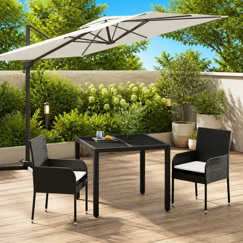 Garden Dining Set Modular Weather-Resistant 3 Piece Black Poly Rattan with Tempered Glass Top