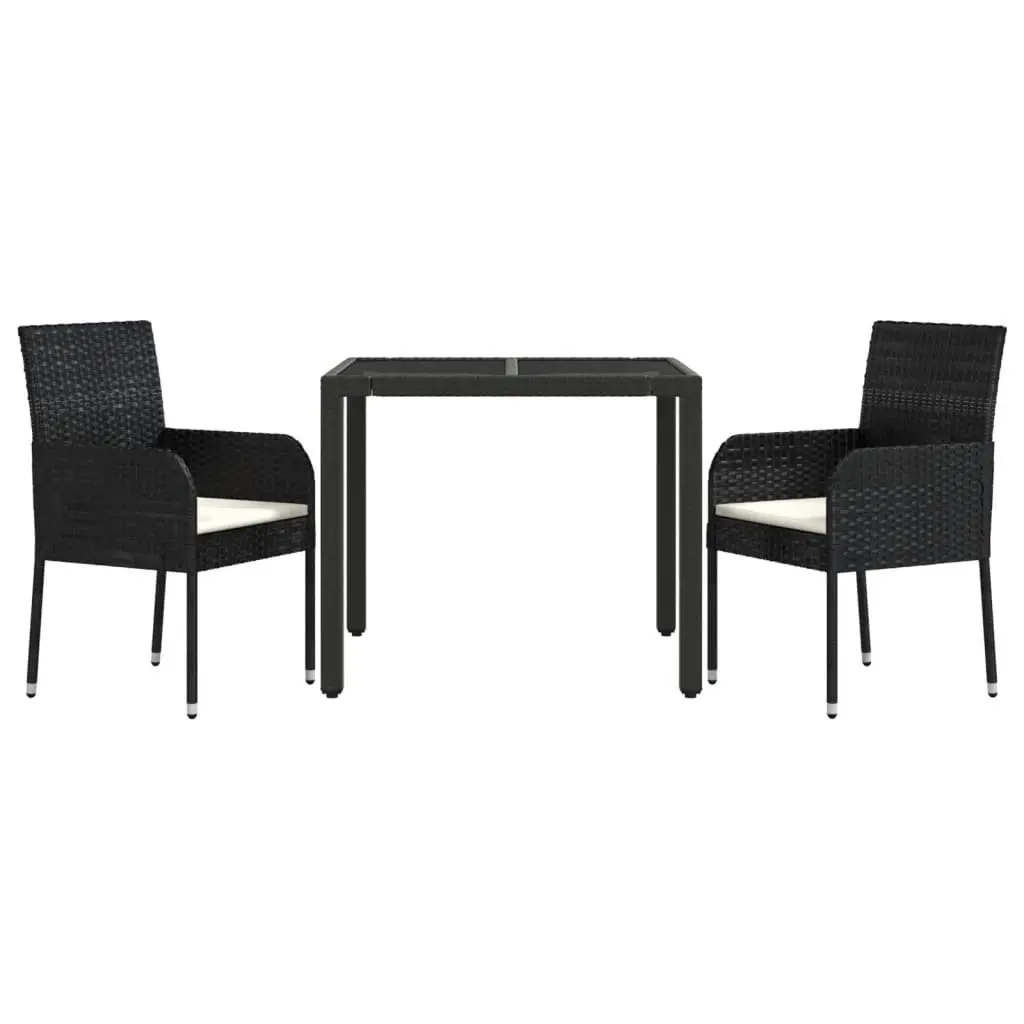 Garden Dining Set Modular Weather-Resistant 3 Piece Black Poly Rattan with Tempered Glass Top