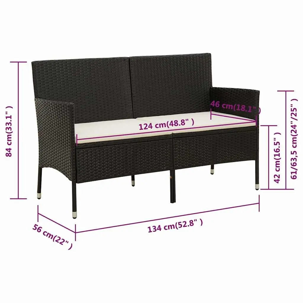 3-Seater Garden Sofa Black Poly Rattan Outdoor Patio Couch with Cushion
