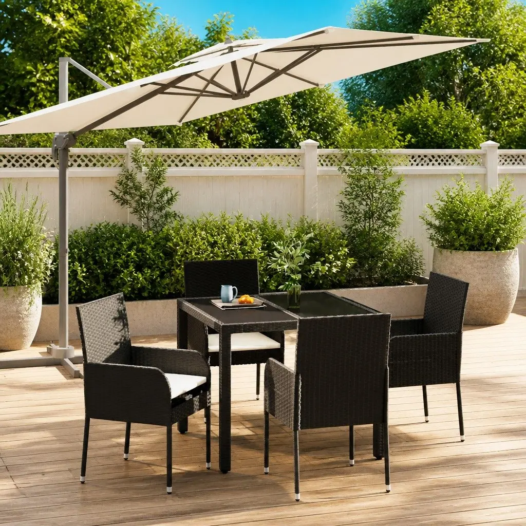 5 Piece Garden Dining Set Weather-Resistant Black Poly Rattan Chairs Table