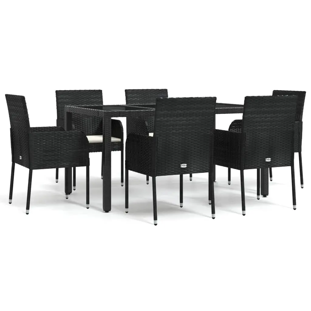 7 Piece Outdoor Garden Dining Set Black Rattan with Cushions