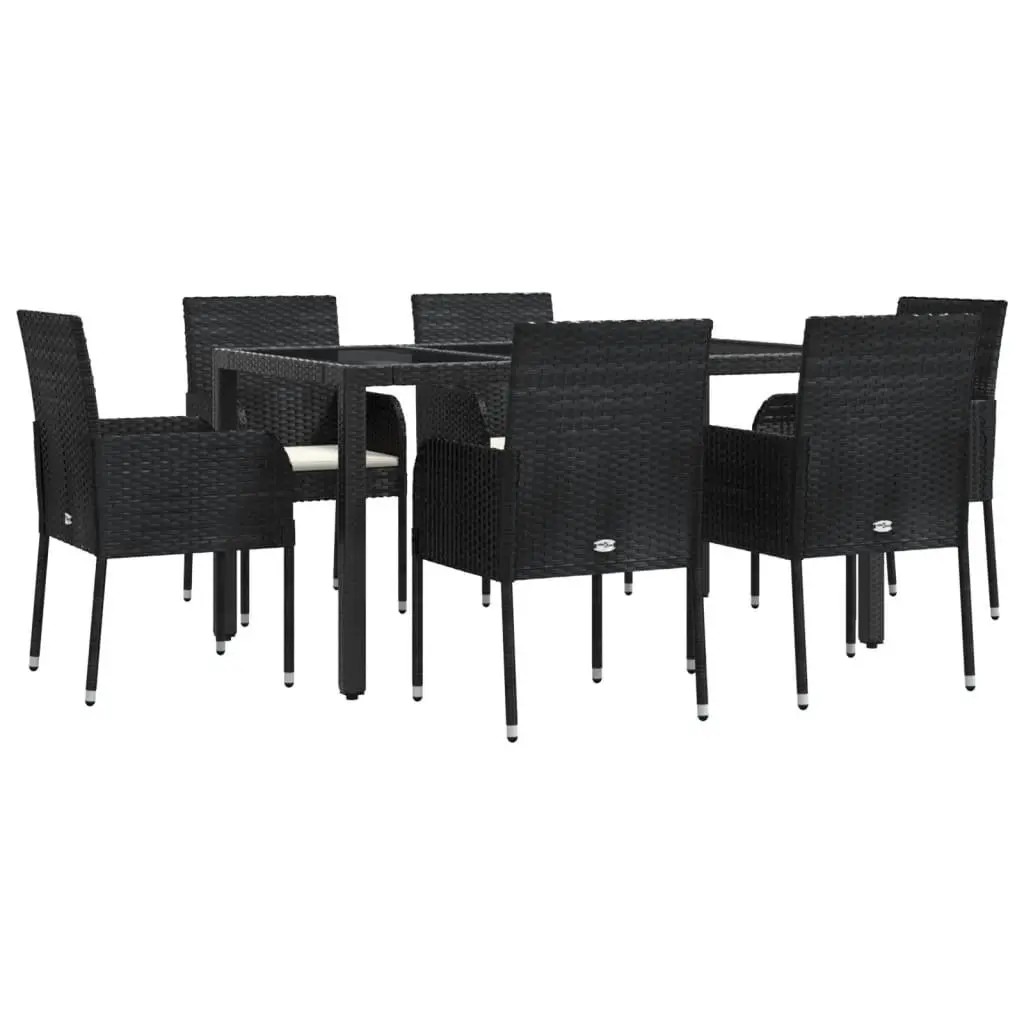 7 Piece Outdoor Garden Dining Set Black Rattan with Cushions