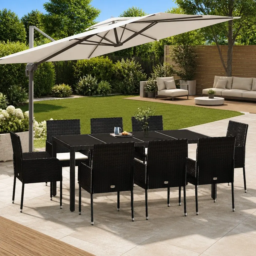 9 Piece Outdoor Garden Dining Set Black Poly Rattan Chairs Table with Cushions