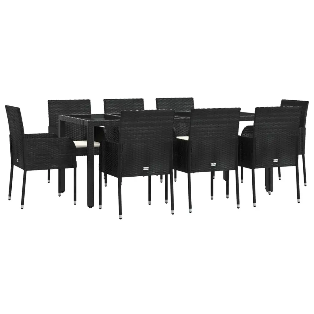 9 Piece Outdoor Garden Dining Set Black Poly Rattan Chairs Table with Cushions