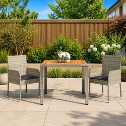 3 Piece Garden Dining Set Grey Poly Rattan Outdoor Patio Furniture with Cushions