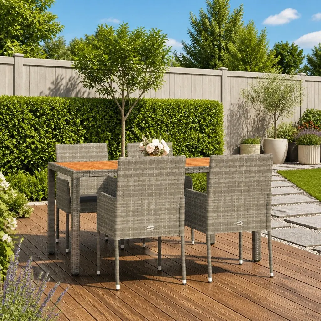 Outdoor Dining Set 5 Piece Grey Rattan with Cushions
