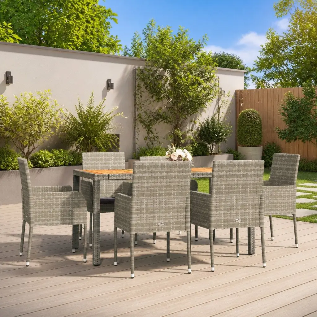 Outdoor Dining Set 7 Piece Modular Grey Rattan Chairs with Acacia Wood Table