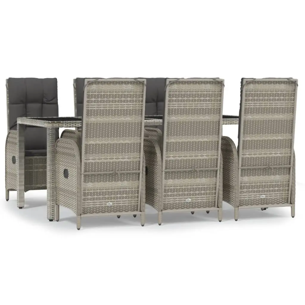 7 Piece Outdoor Dining Set Rattan Chairs Adjustable Backrest Grey Cushions Steel Frame Table Tempered Glass