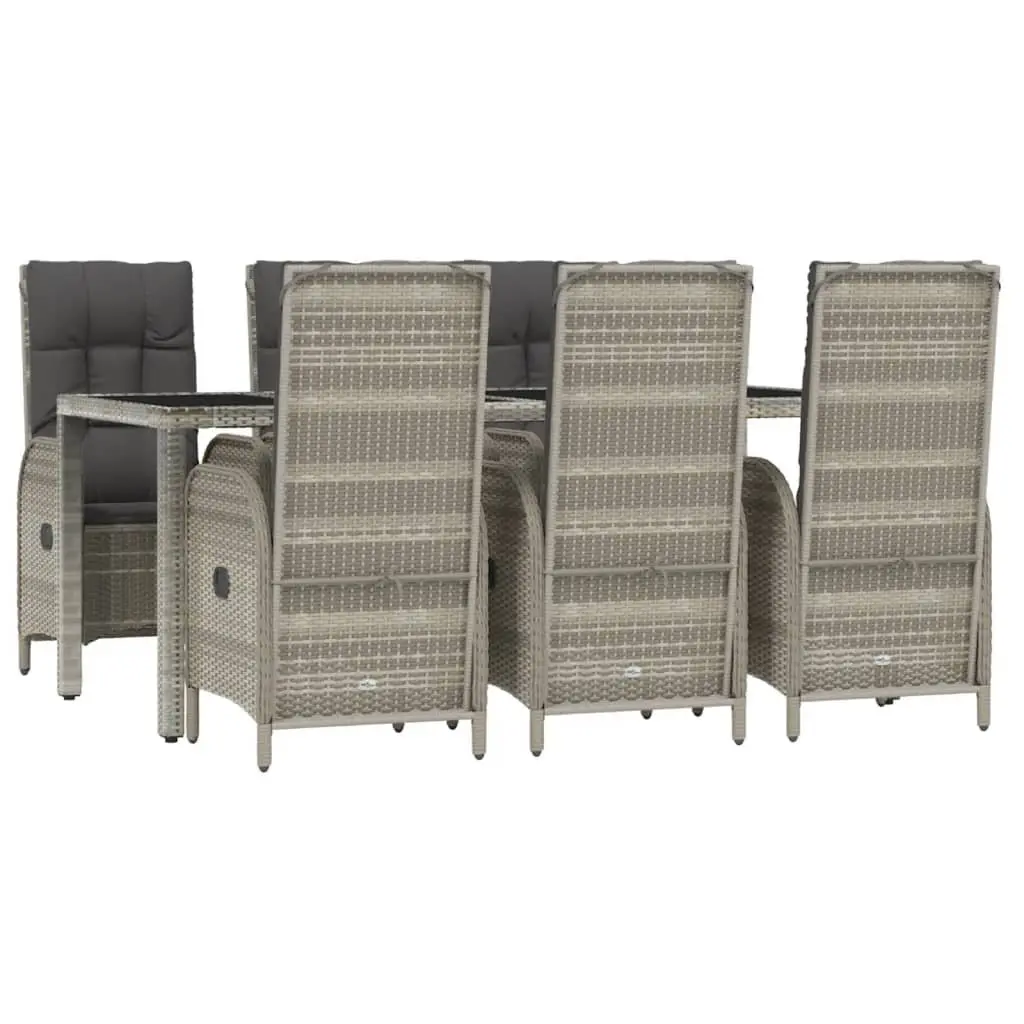 7 Piece Outdoor Dining Set Rattan Chairs Adjustable Backrest Grey Cushions Steel Frame Table Tempered Glass
