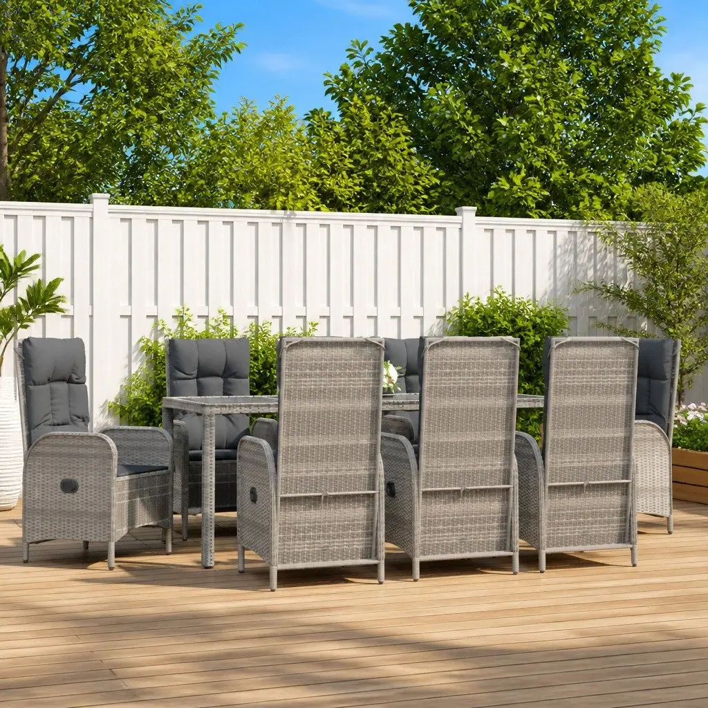 9 Piece Garden Dining Set Grey Weather Resistant Rattan Chairs with Cushions and Glass Top Table