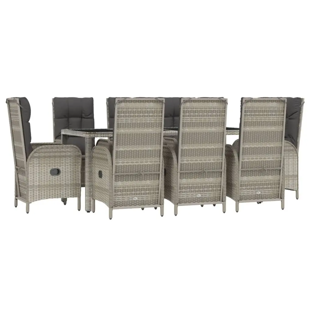 9 Piece Garden Dining Set Grey Weather Resistant Rattan Chairs with Cushions and Glass Top Table