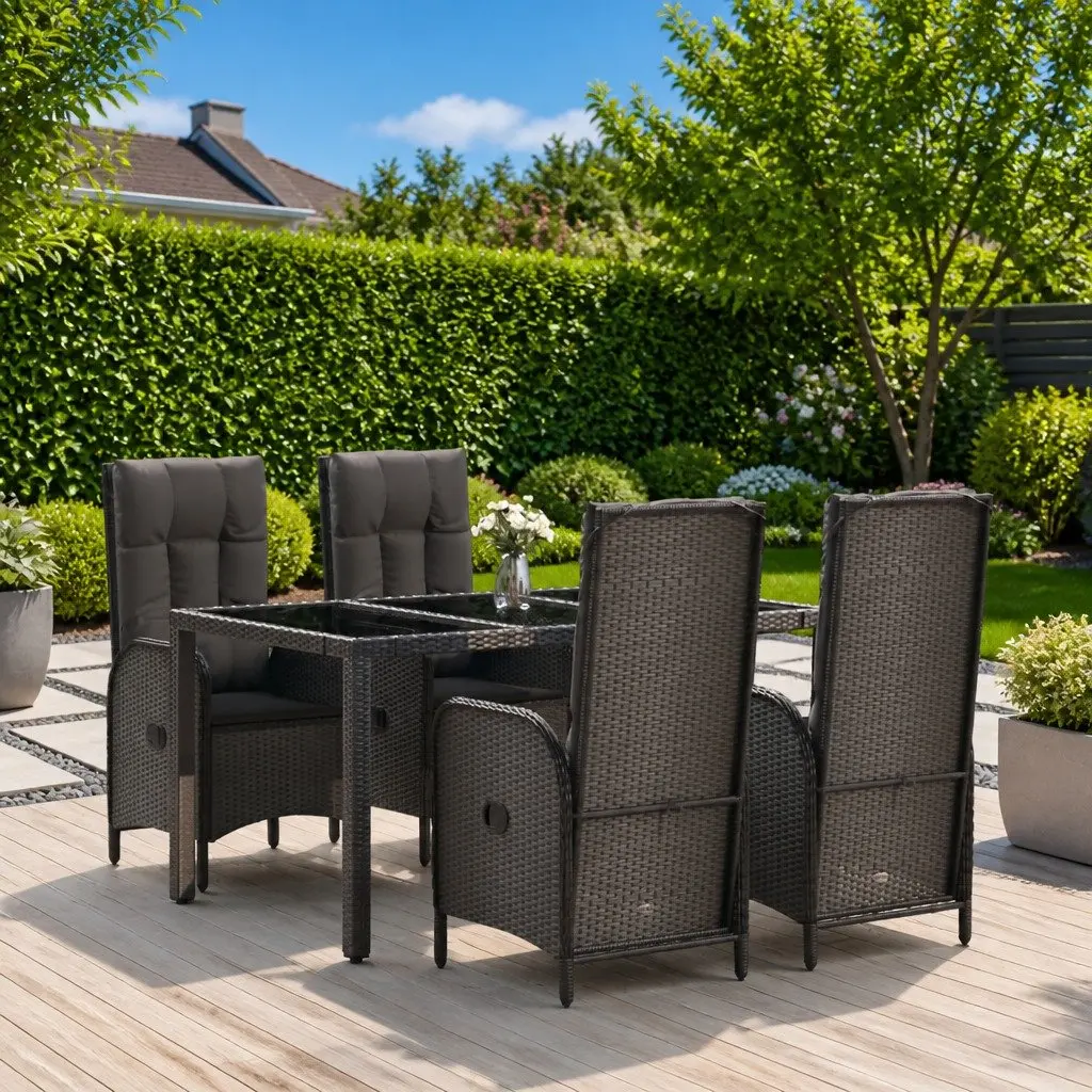 5 Piece Outdoor Garden Dining Set Weather Resistant Black Poly Rattan Chairs Table with Cushions