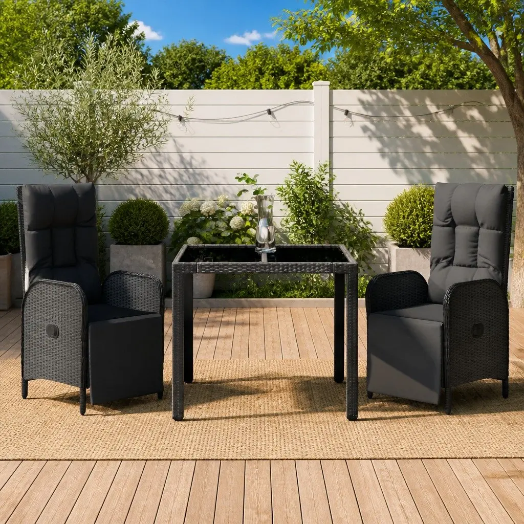 3 Piece Outdoor Dining Set Garden Furniture Black Poly Rattan Table Chairs