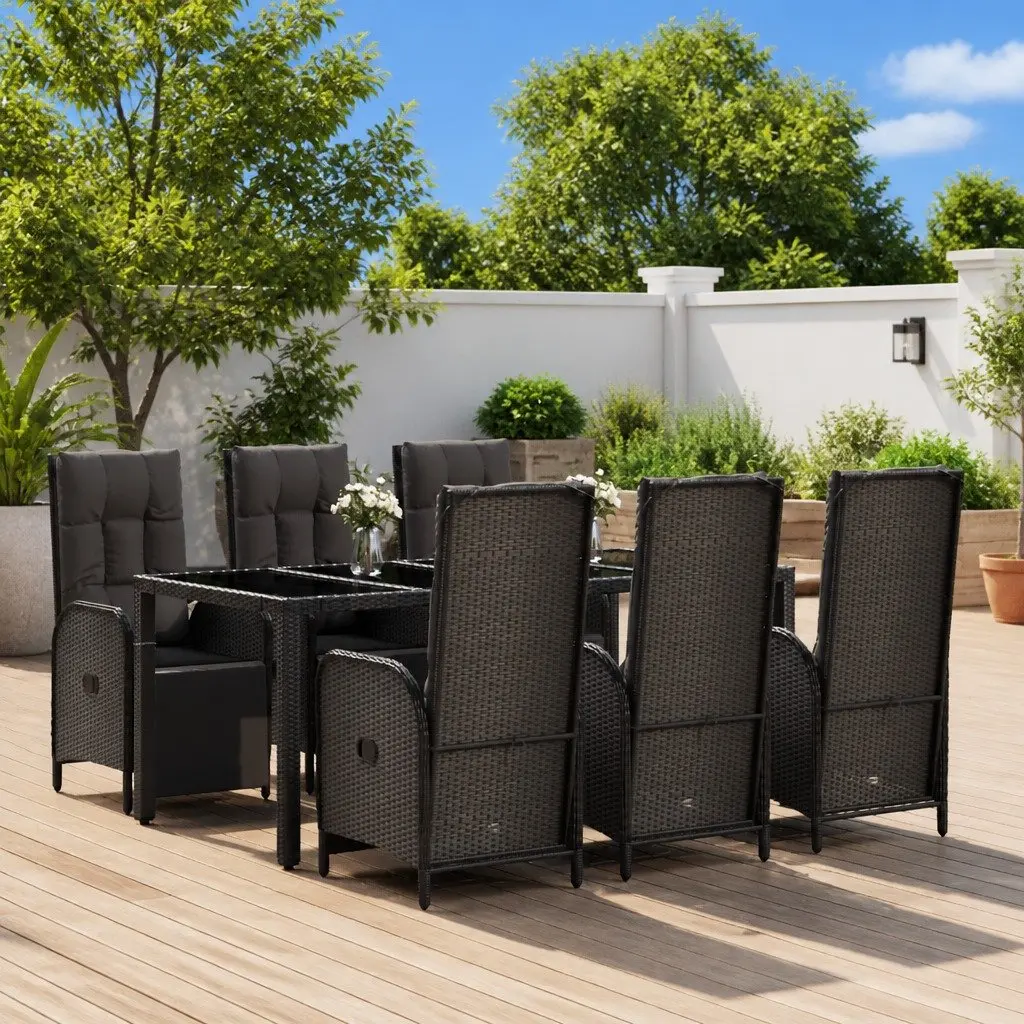 Garden Dining Set 7 Piece Outdoor Furniture Black Rattan Chairs Table with Cushions