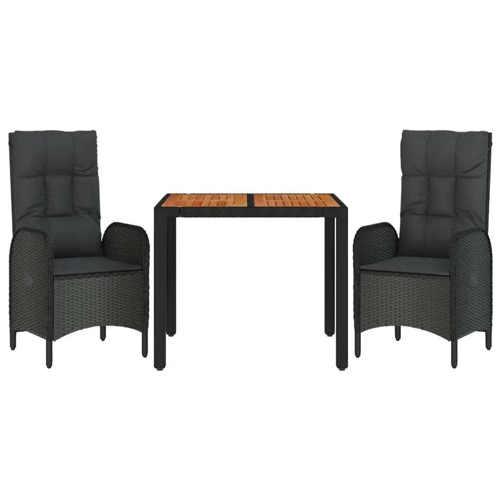 3 Piece Garden Dining Set with Cushions Black Poly Rattan Outdoor Furniture