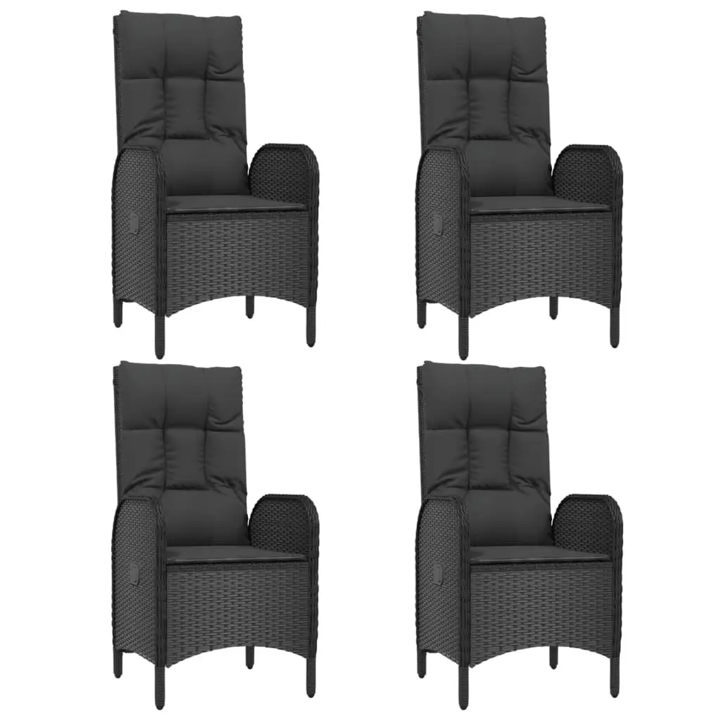 7 Piece Garden Dining Set Black Weather-Resistant PE Rattan Table with Solid Acacia Wood Top and Cushioned Reclining Chairs