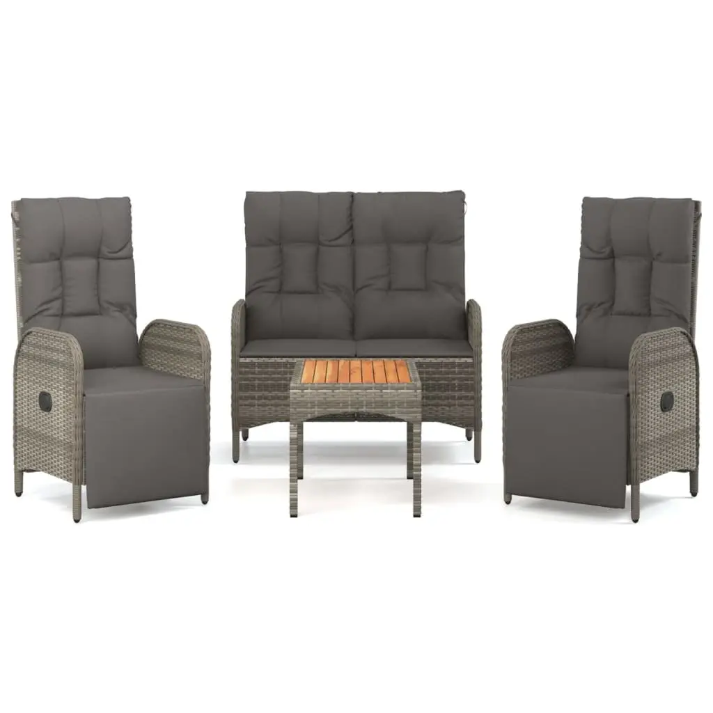 Garden Dining Set Grey Poly Rattan 4 Piece Outdoor Furniture with Sturdy Steel Frame and Solid Acacia Wood Tabletop