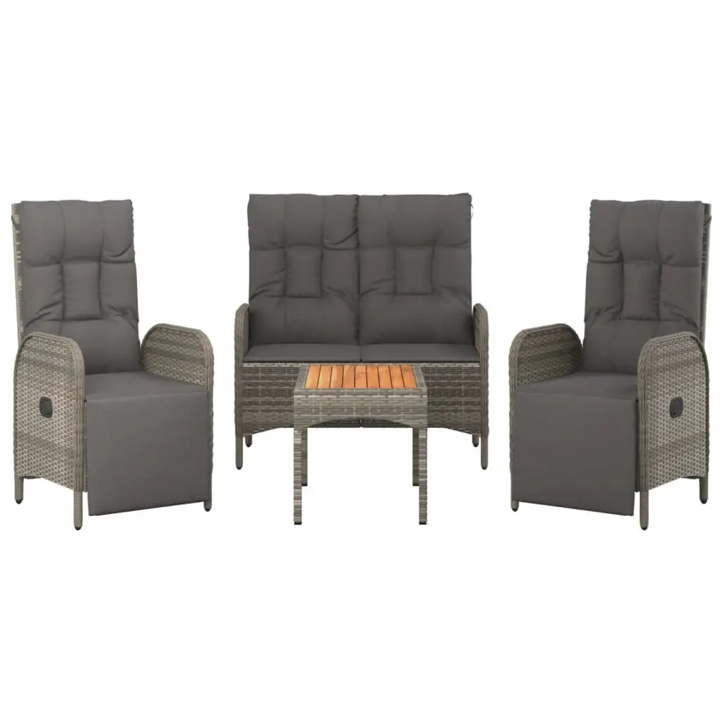 Garden Dining Set Grey Poly Rattan 4 Piece Outdoor Furniture with Sturdy Steel Frame and Solid Acacia Wood Tabletop