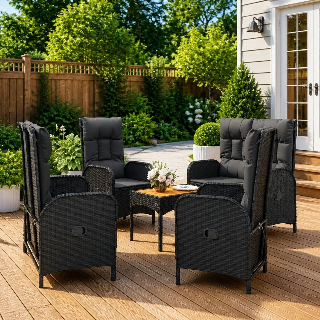 5 Piece Garden Furniture Set Outdoor Dining Table and Chairs Weather Resistant Black PE Rattan with Padded Cushions and Reclining Function