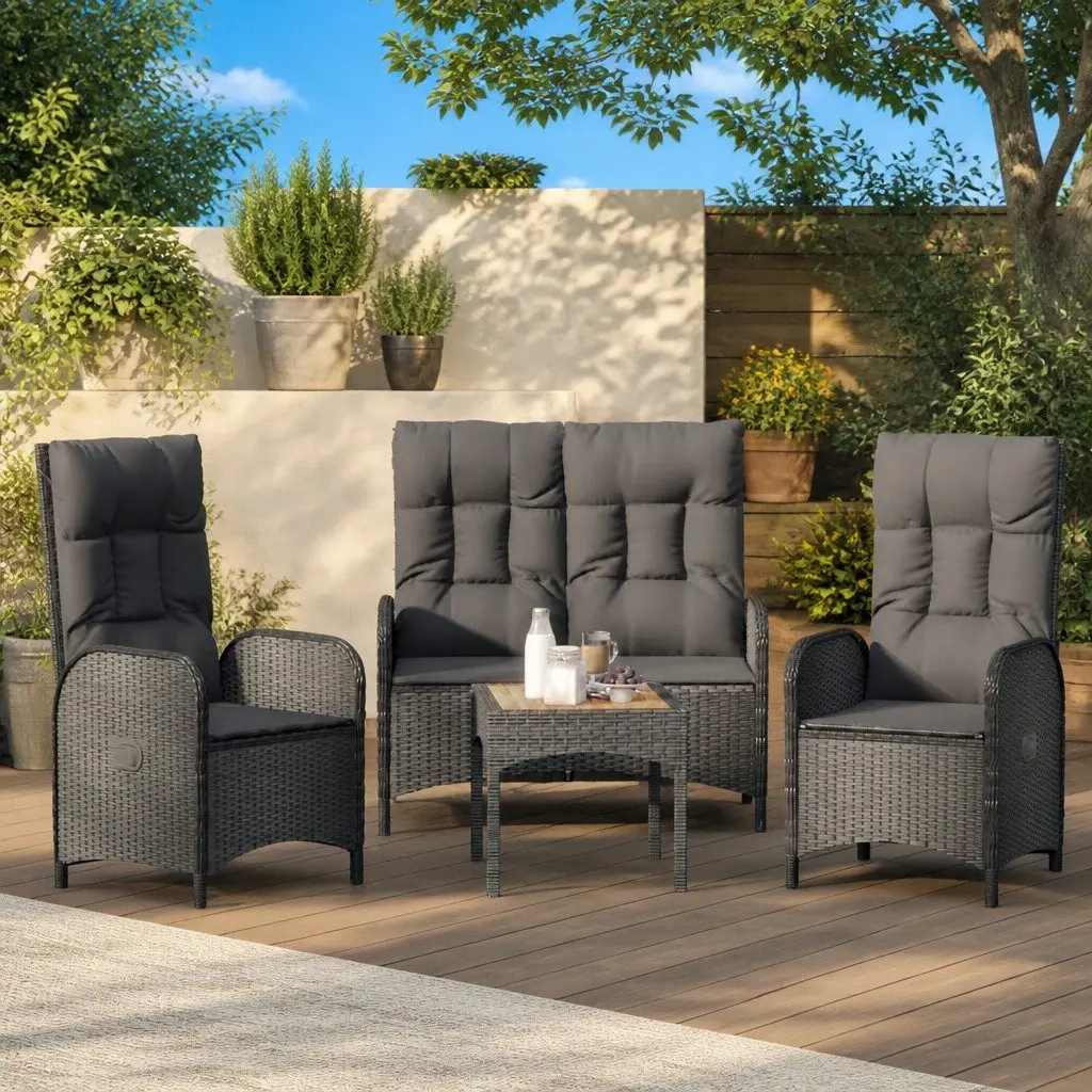 Garden Dining Set Black Poly Rattan 3 Piece Outdoor Furniture with Reclining Chairs and Tempered Glass Table