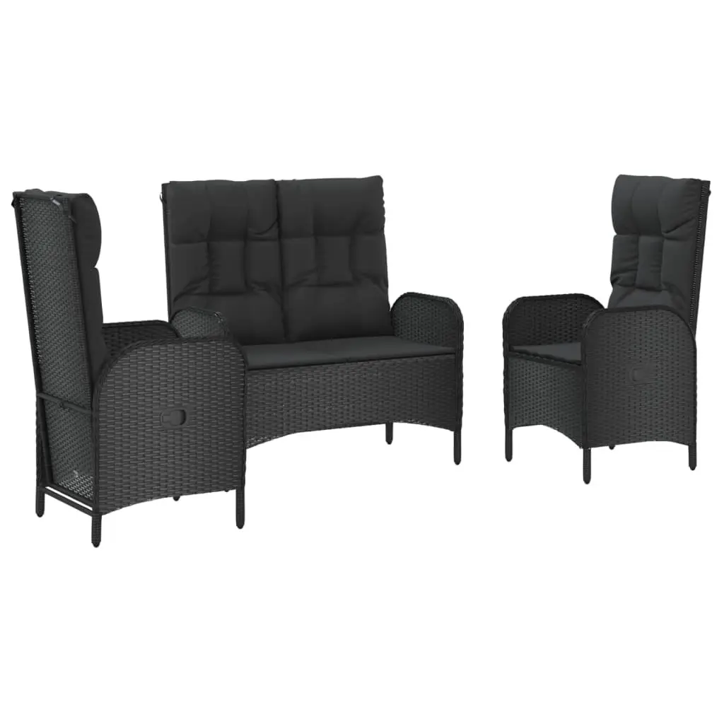 Garden Dining Set Black Poly Rattan 3 Piece Outdoor Furniture with Reclining Chairs and Tempered Glass Table