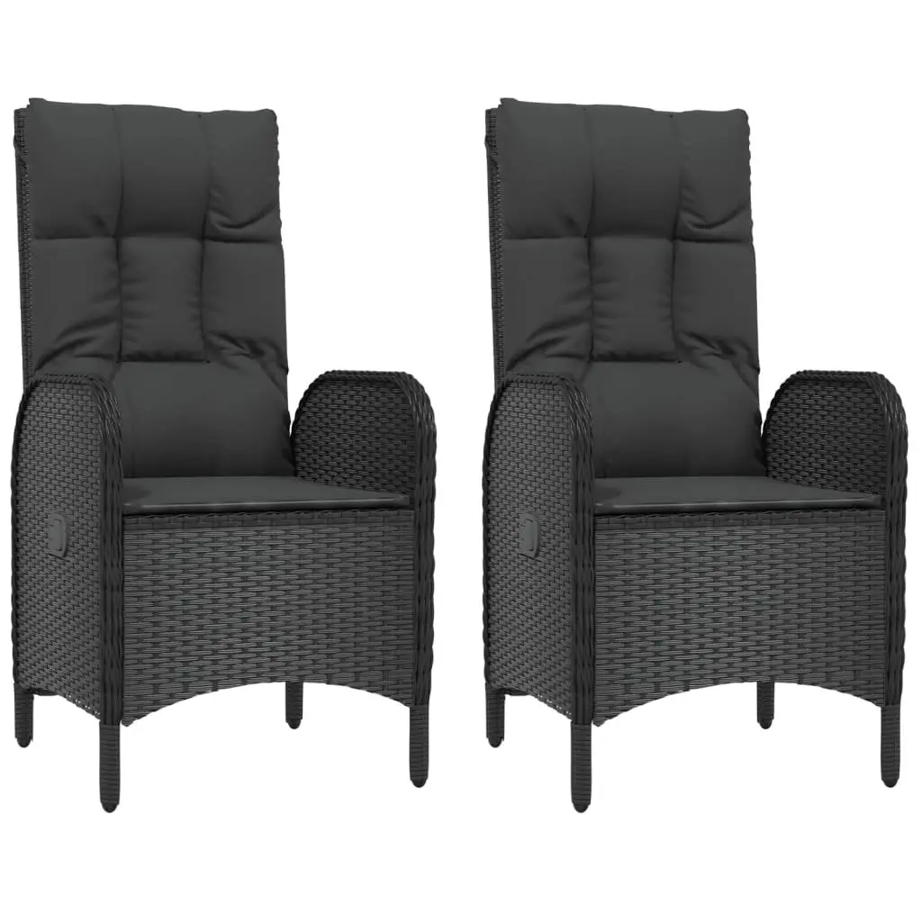 Garden Dining Set Black Poly Rattan 3 Piece Outdoor Furniture with Reclining Chairs and Tempered Glass Table