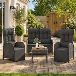 3 Piece Garden Dining Set Black Poly Rattan Outdoor Furniture with Cushions