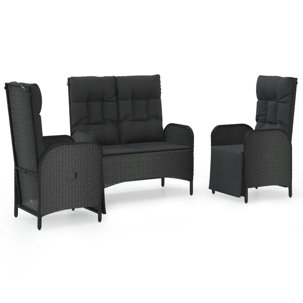 3 Piece Garden Dining Set Black Weather Resistant PE Rattan Outdoor Furniture with Cushions