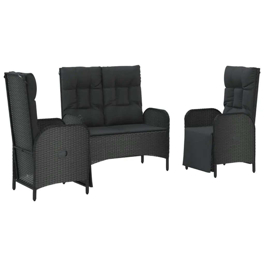 3 Piece Garden Dining Set Black Weather Resistant PE Rattan Outdoor Furniture with Cushions