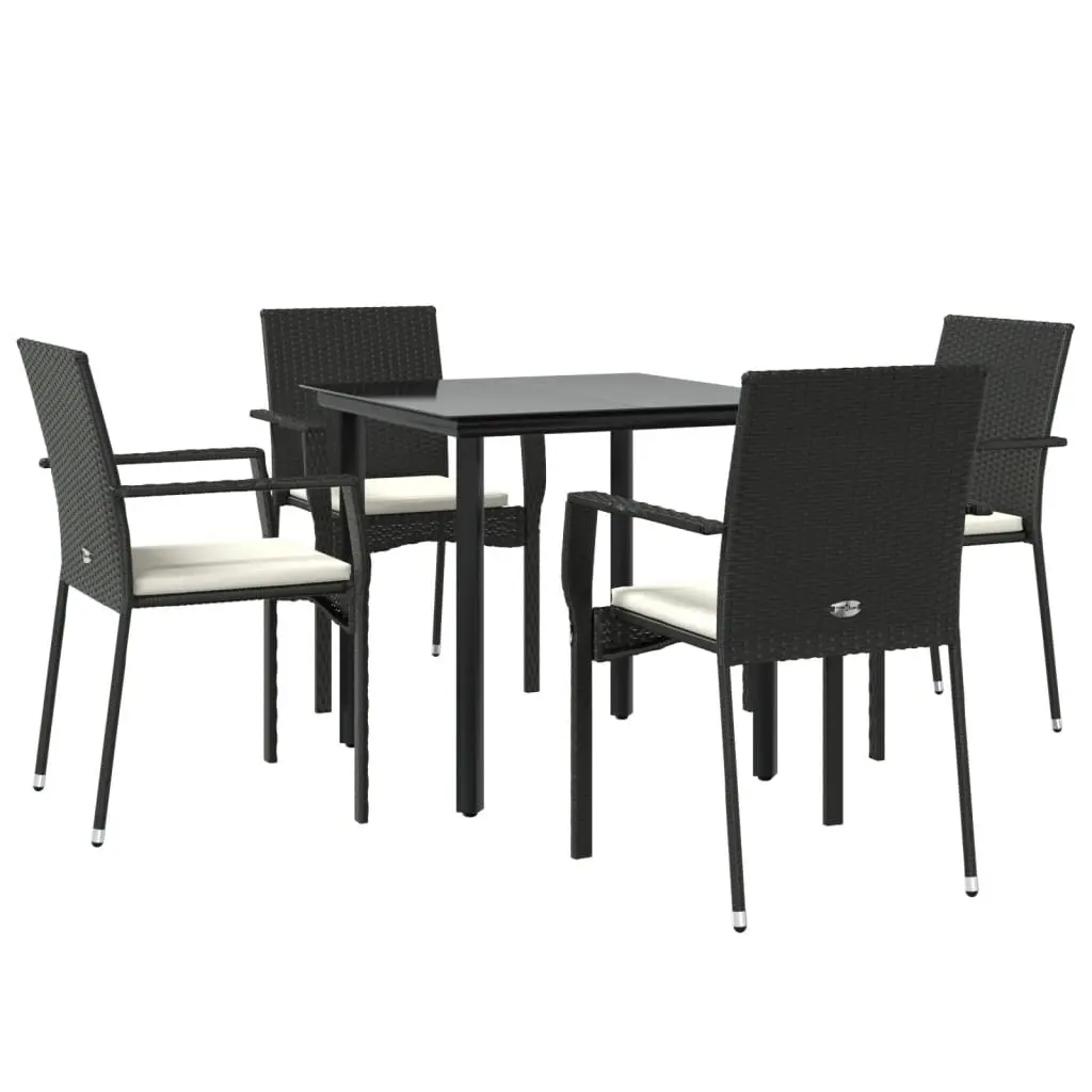 5 Piece Outdoor Garden Dining Set Black Poly Rattan Chairs Table Cushions
