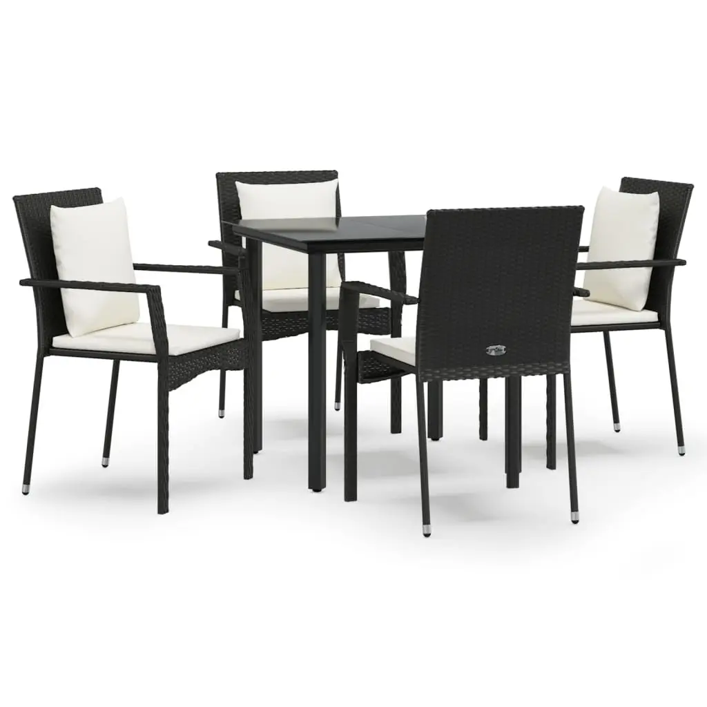 Garden Dining Set 5 Piece Outdoor Furniture Cushioned Black PE Rattan with Glass Top