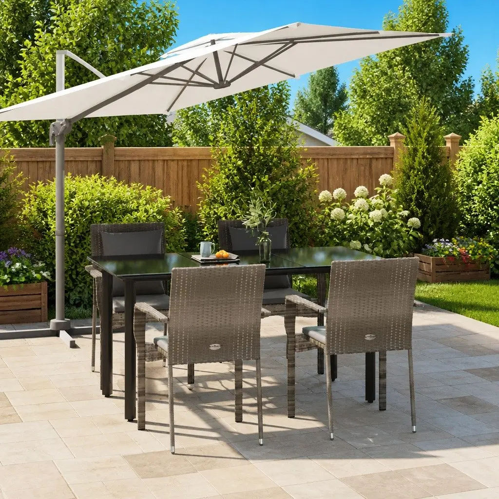 Outdoor Patio Dining Set Grey Poly Rattan 5 Piece with Cushions Tempered Glass Top
