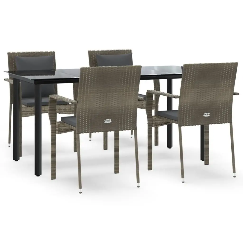 Outdoor Patio Dining Set Grey Poly Rattan 5 Piece with Cushions Tempered Glass Top