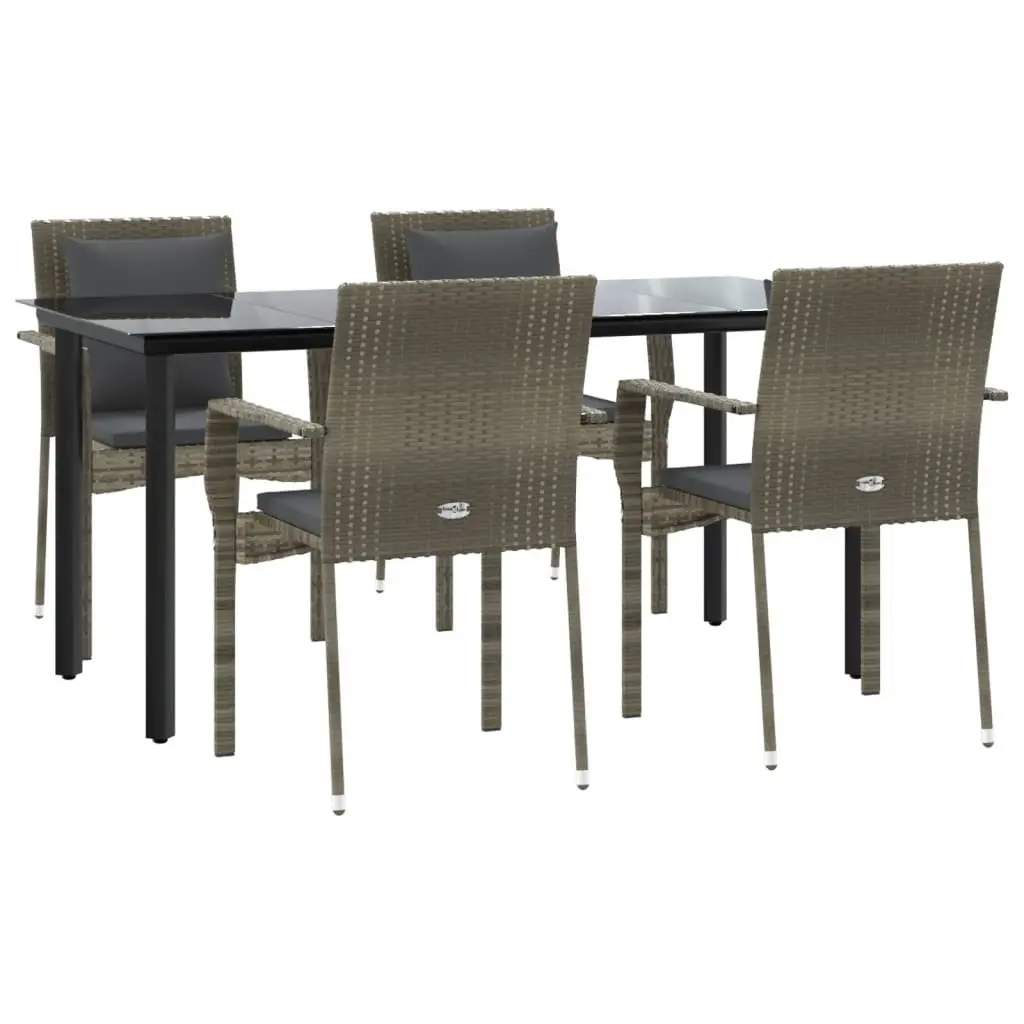 Outdoor Patio Dining Set Grey Poly Rattan 5 Piece with Cushions Tempered Glass Top