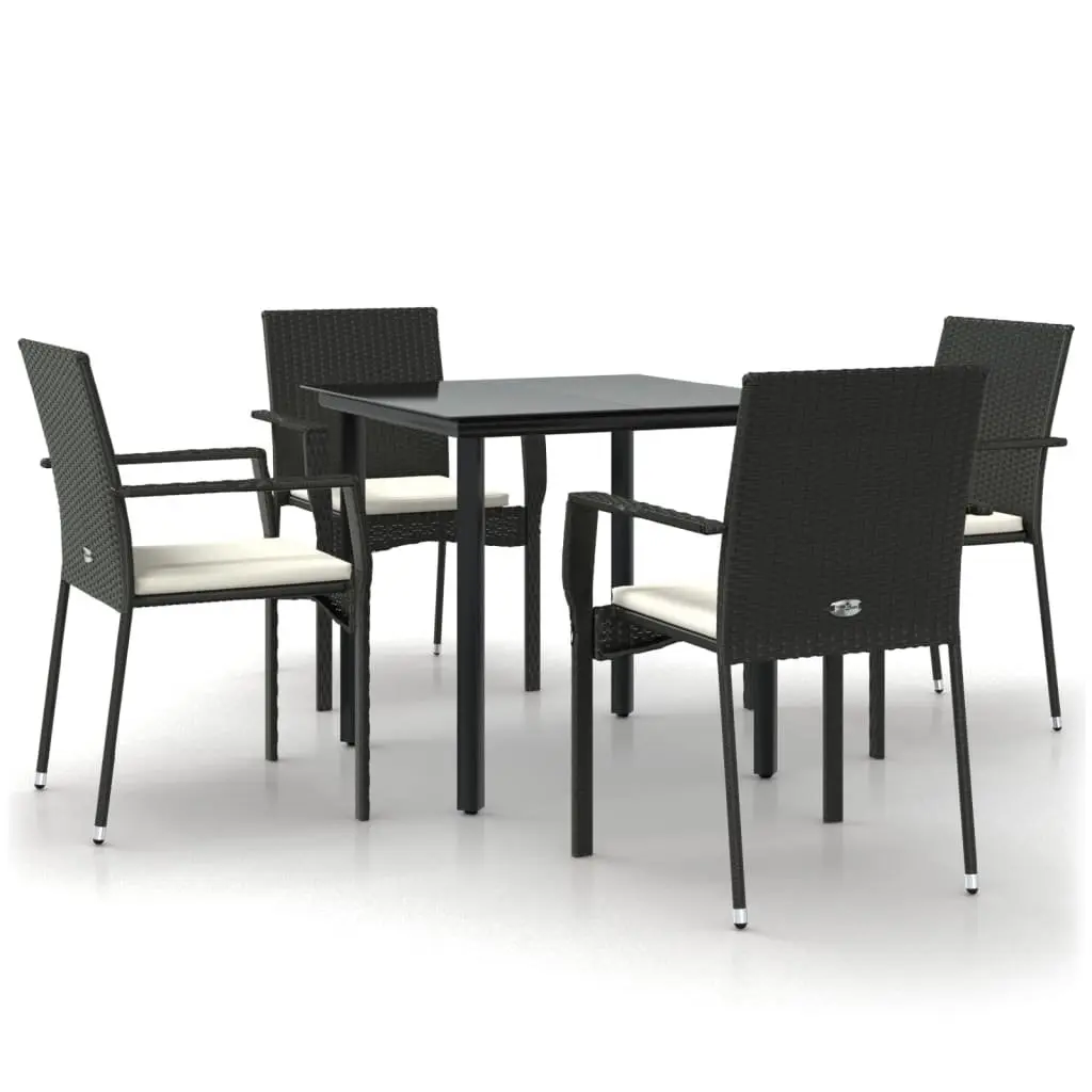 Outdoor Dining Set 5 Piece Black Poly Rattan Chairs with Cushions and Glass Table