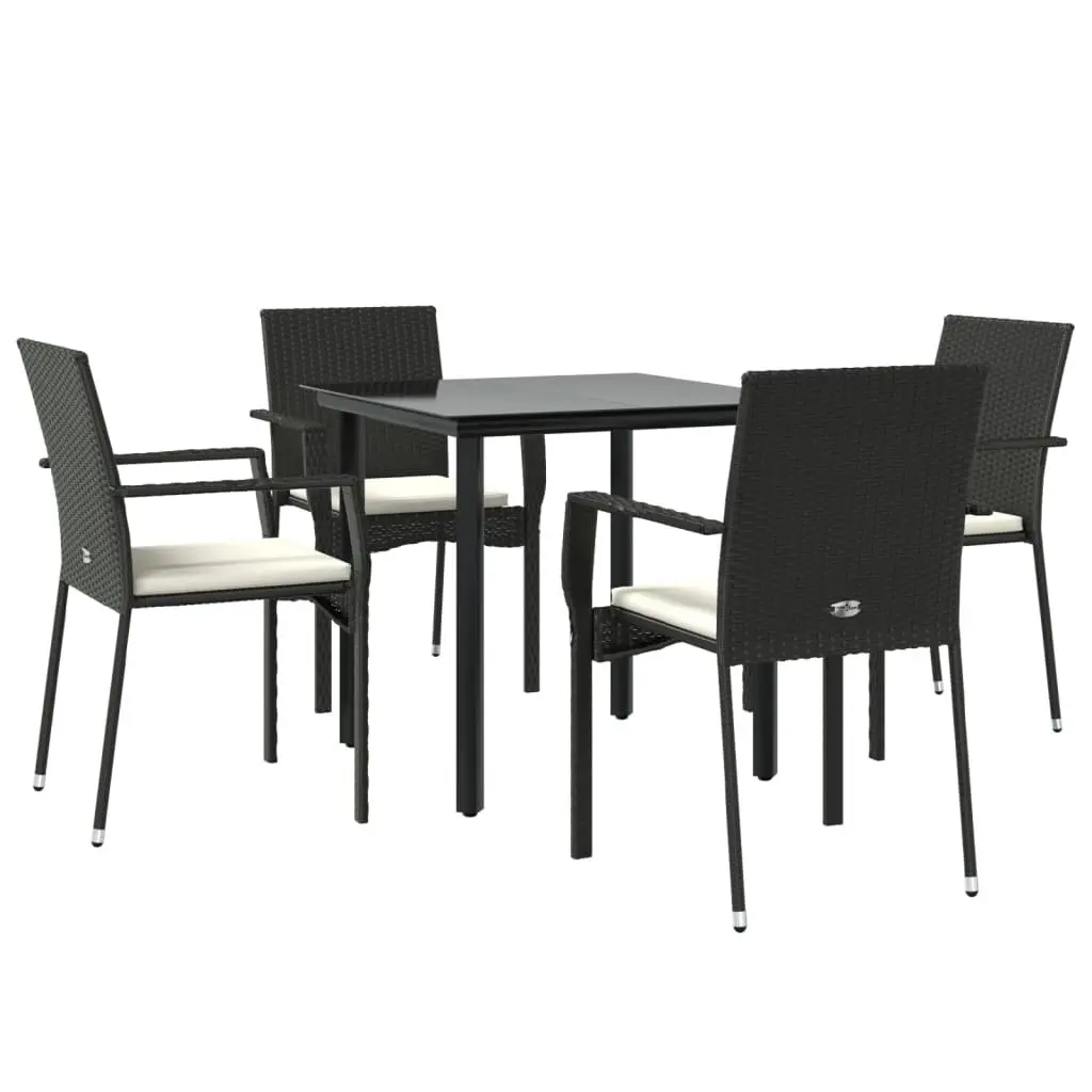 Outdoor Dining Set 5 Piece Black Poly Rattan Chairs with Cushions and Glass Table
