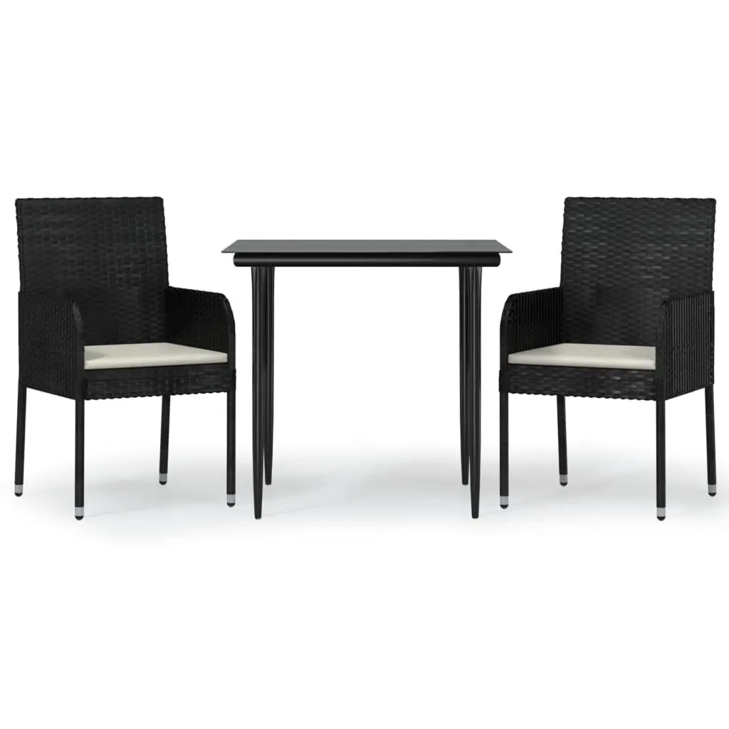 3 Piece Garden Dining Set Outdoor Patio Furniture Black PE Rattan with Tempered Glass Top