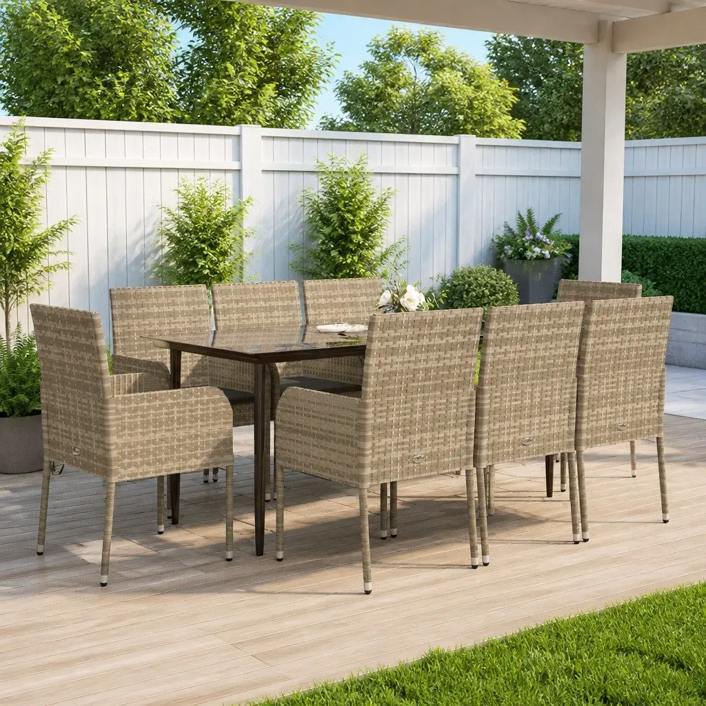 Garden Dining Set 9 Piece Outdoor Patio Furniture Grey PE Rattan Steel Frame Acacia Wood Top