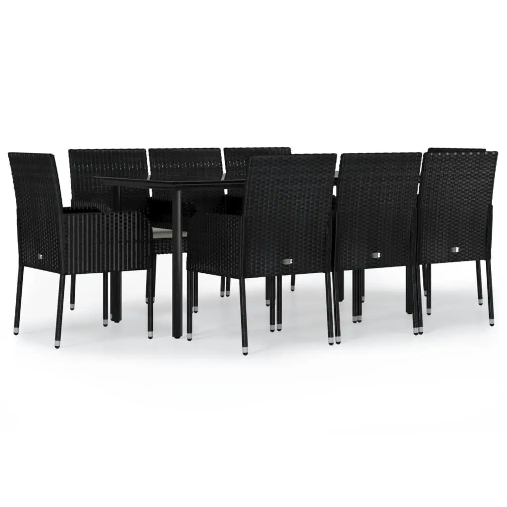 Outdoor Dining Set 9 Piece Weather Resistant PE Rattan Black with Steel Frame and Tempered Glass Tabletop