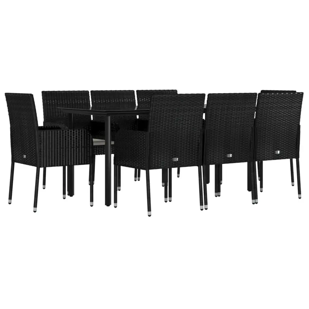 Outdoor Dining Set 9 Piece Weather Resistant PE Rattan Black with Steel Frame and Tempered Glass Tabletop