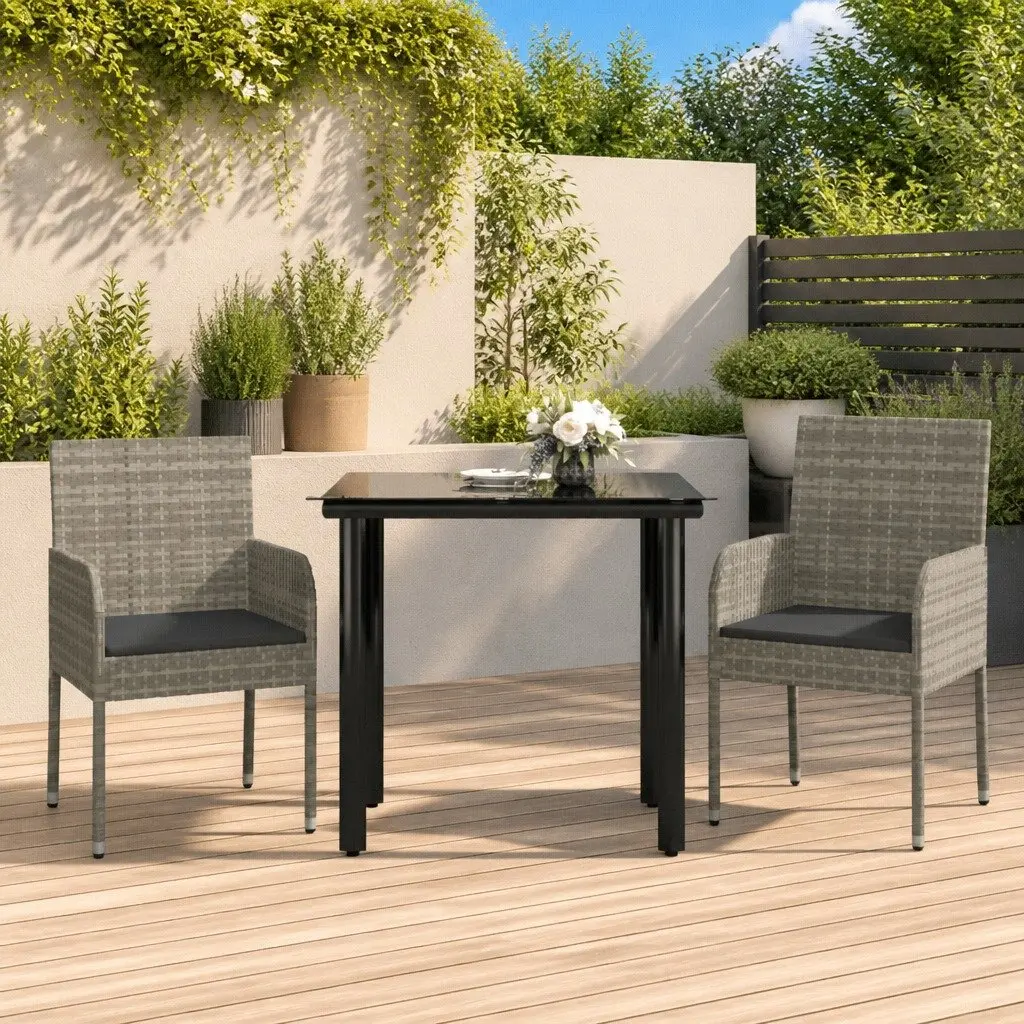 Garden Dining Set 3 Piece Weather-Resistant Grey Rattan Outdoor Patio Furniture