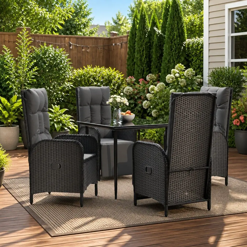 5 Piece Outdoor Dining Set Black Poly Rattan Chairs Table
