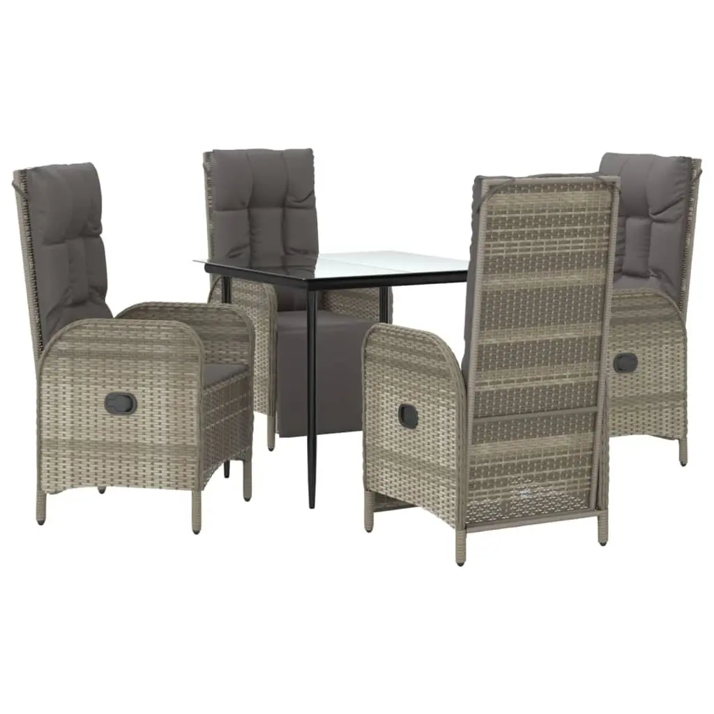 Garden Dining Set Grey Poly Rattan 5 Piece Outdoor Furniture with Tempered Glass Table and Cushions