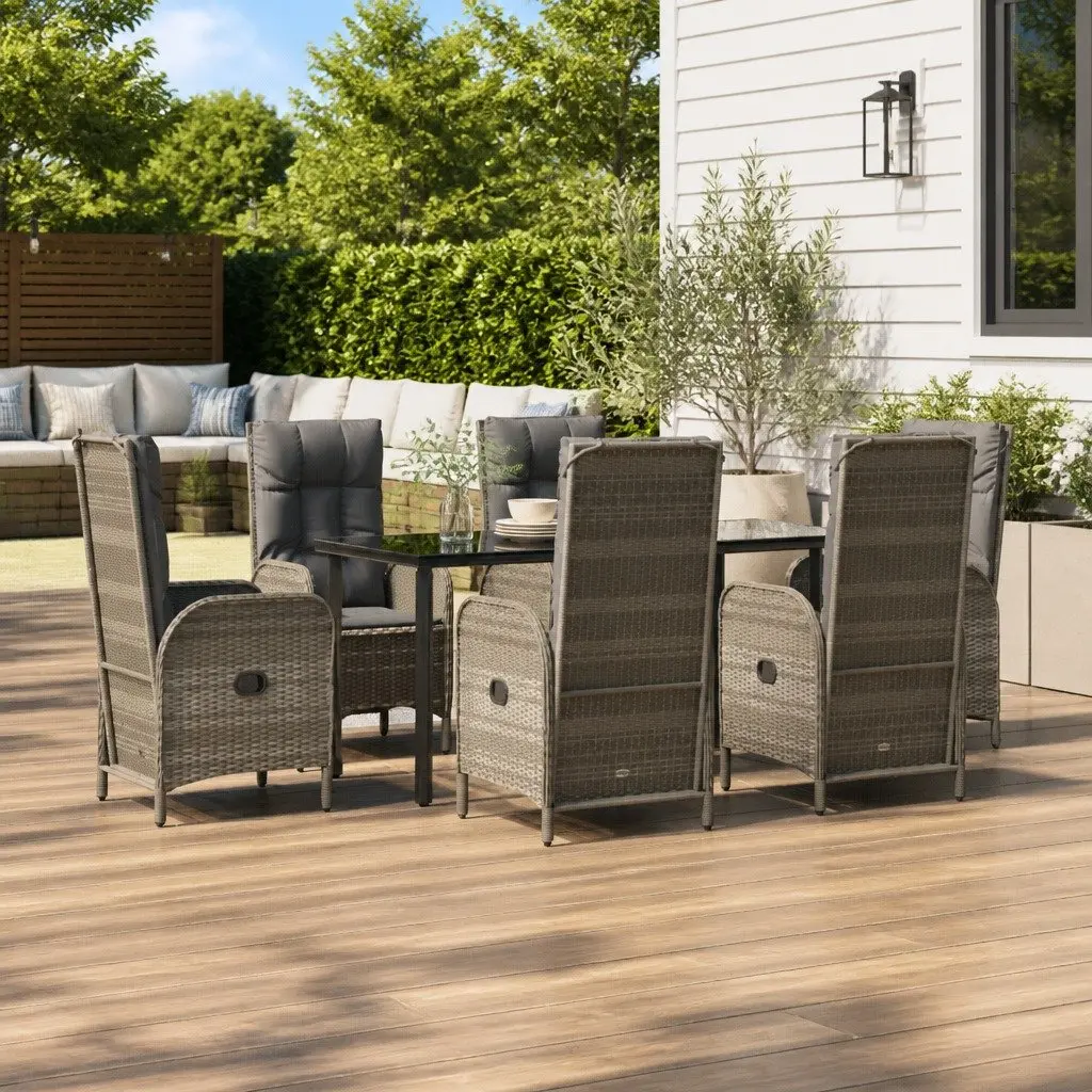 Outdoor Dining Set 7 Piece Grey PE Poly Rattan Chairs Table with Cushions