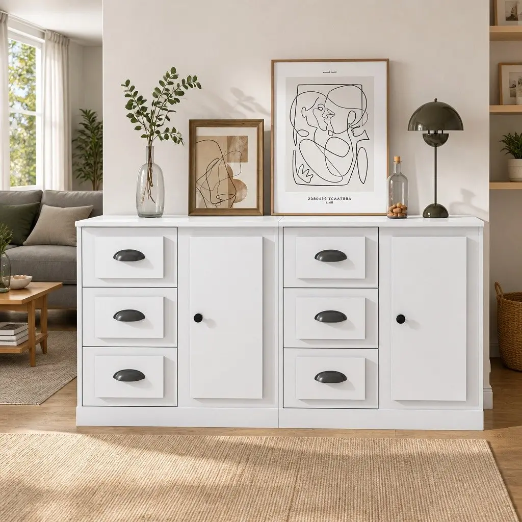 Sideboards 2 pcs High Gloss White Storage Cabinet Engineered Wood Buffet