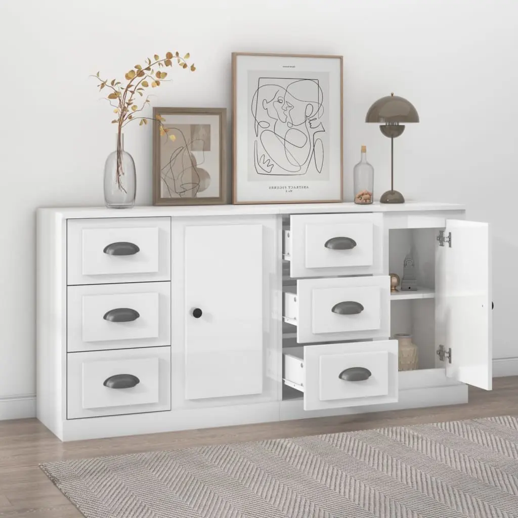 Sideboards 2 pcs High Gloss White Storage Cabinet Engineered Wood Buffet